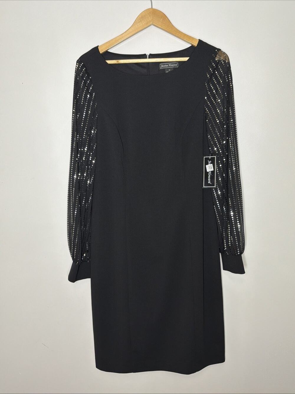 Jessica Howard Chiffon Sleeve Sheath Dress 14 Black Sheer Sparkle Sequin Evening